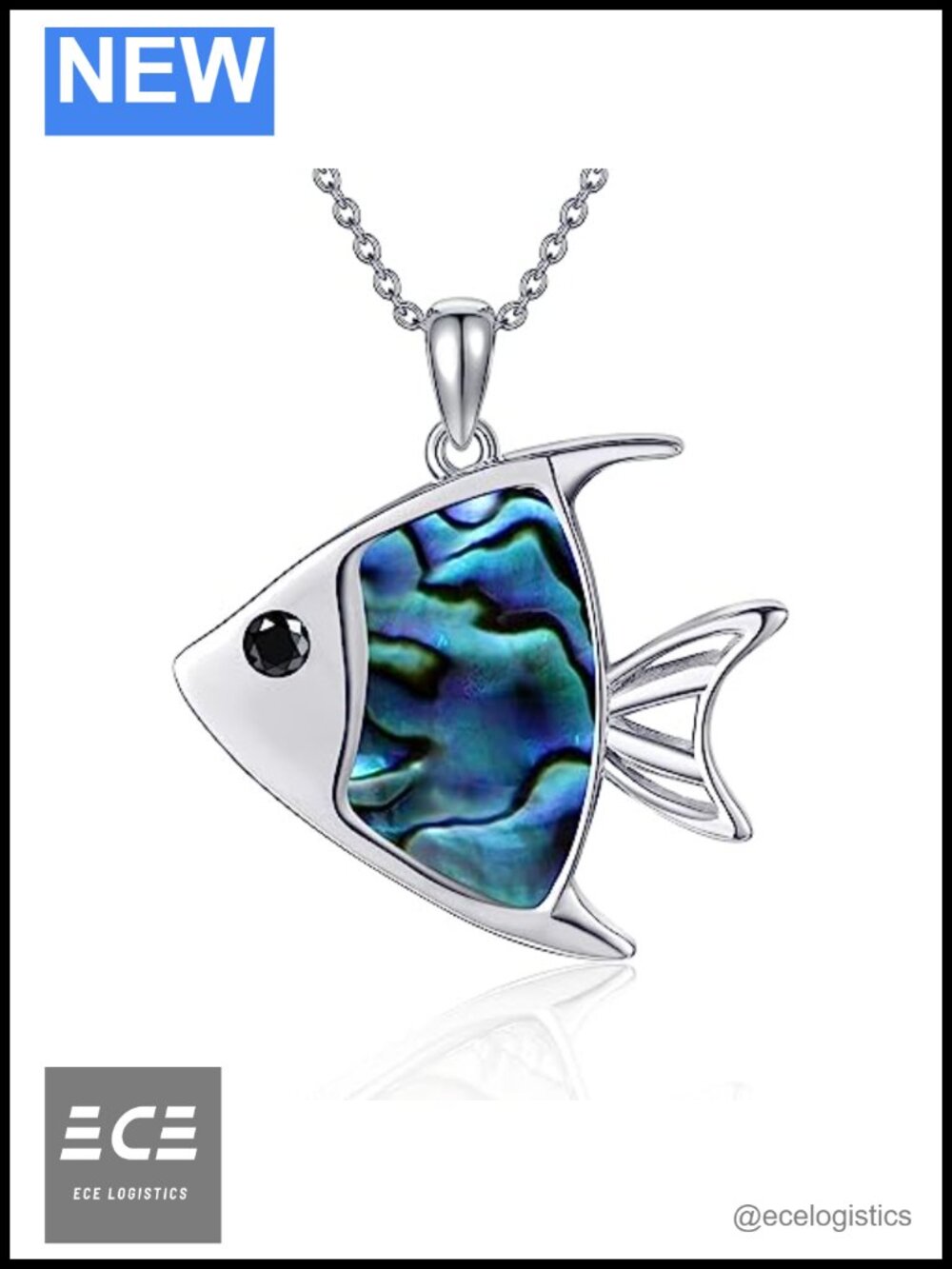 925 Sterling Silver Abalone Shell Fish Pendant Necklace Adjustable 18+2 Inch